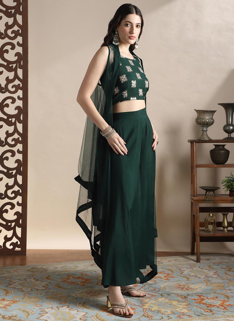 Globus Women Green Strappy Sleeve Sequin Embroidered Crop Top With Flared Palazzos & Asymmetric Hem Shrug Festive Coords Set - Image 3
